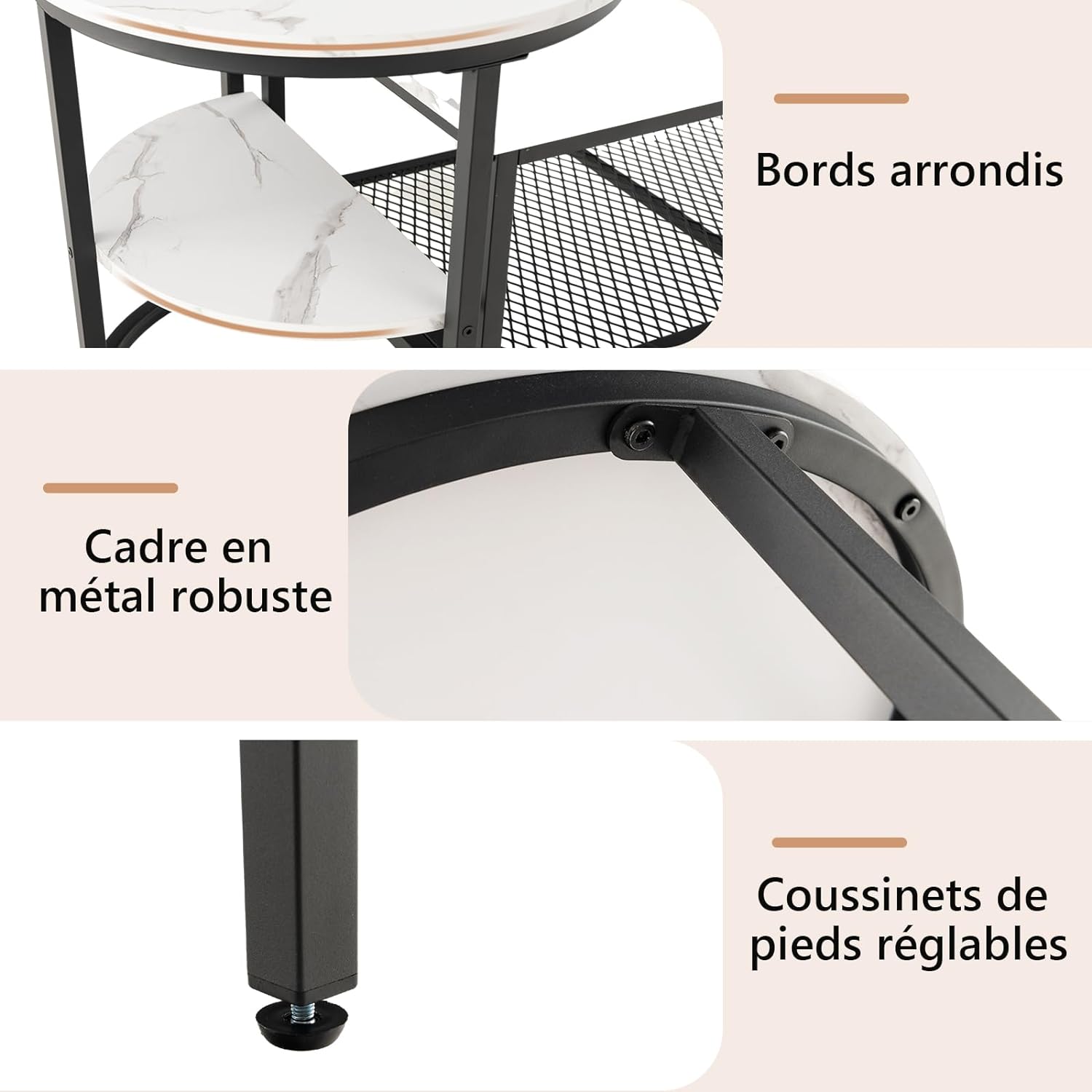 Juego de 2 mesas con mesa rectangular extraíble y mesa redonda, de imitación de mármol blanco, mesa auxiliar moderna para salón, blanco y negro - 7