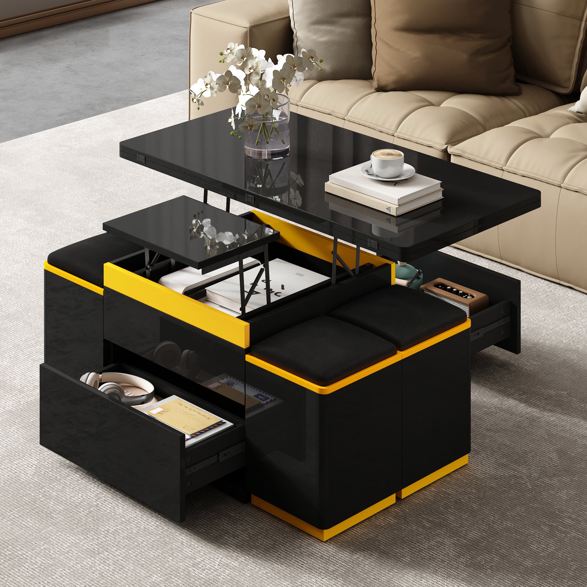 Stolik kawowy z podnoszonym blatem, 4 krzesłami i 2 szufladami – 100 x 50 x 43 cm – Płyta wiórowa + MDF – Czarny - 5
