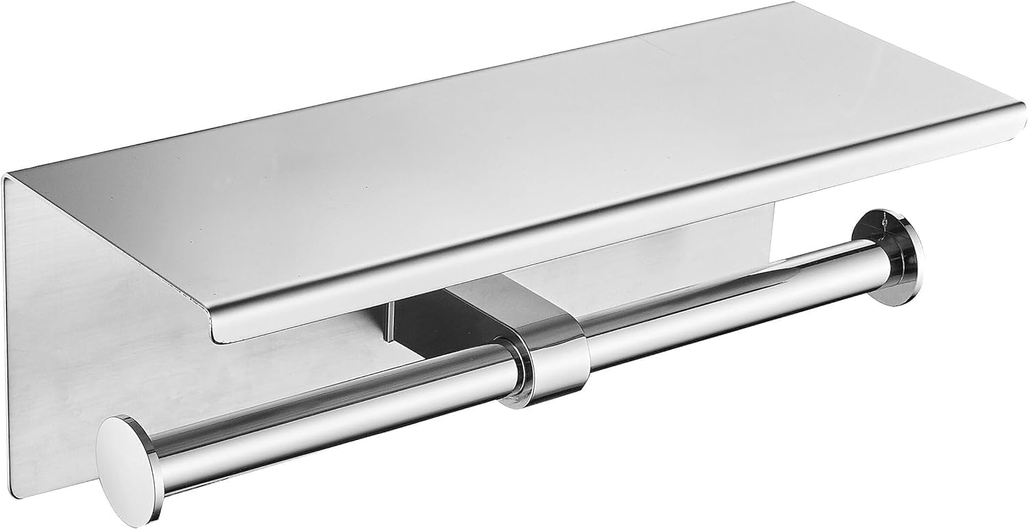 Uchwyt ścienny na papier toaletowy ze stali nierdzewnej 304 z półką i podwójną kolumną (srebrny)
