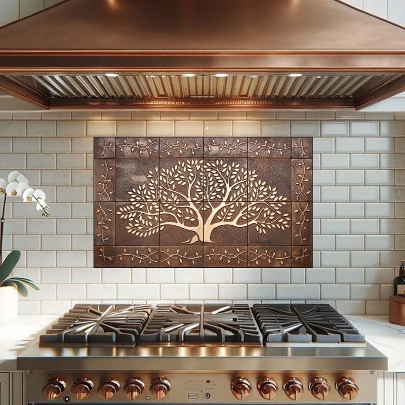Płytki ścienne z miedzi Arbol, kolor miedź czysta – Ręcznie wykonany panel miedziany do kuchni | Unikalne płytki kuchenne z miedzi