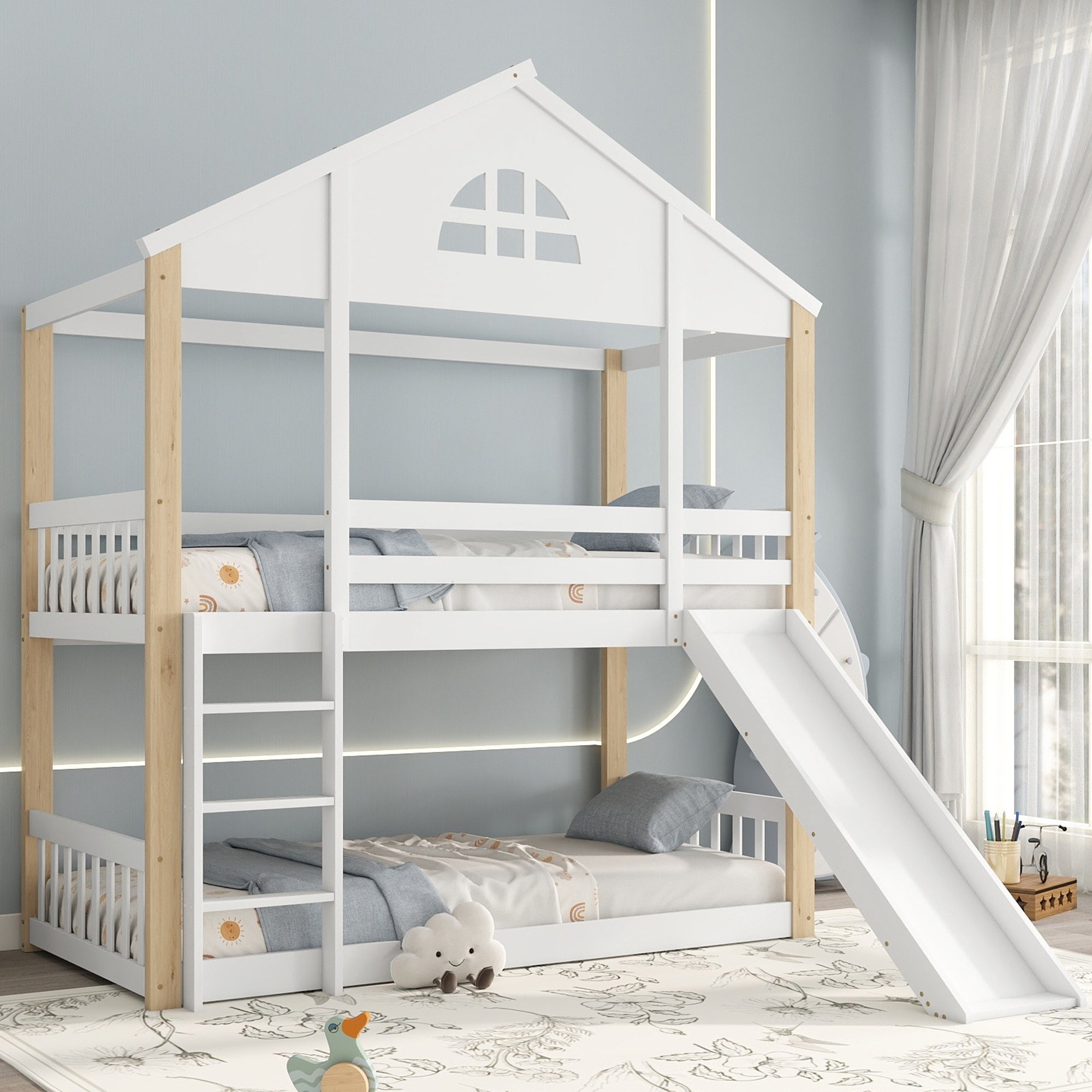 Lit superposé 90 x 200 cm pour enfant, lit mezzanine cabane en bois avec fenêtres et glissière d'angle, toboggan et clôtures (sans matelas) - 4
