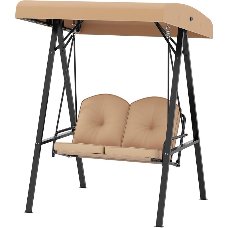 Huśtawka Ogrodowa dla 2 Osób z Ruchomą Osłoną od Słońca, Poduszkami na Siedzisko i Oparcie, z Solidną Metalową Ramą, Maksymalne Obciążenie 300 kg