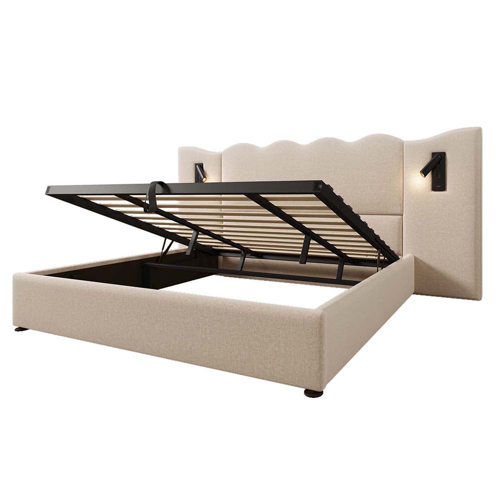 Lit double capitonné 180 x 200 avec liseuse et chargeur USB Type-C avec cadre en bois massif et lattes, Beige, Linen - 6