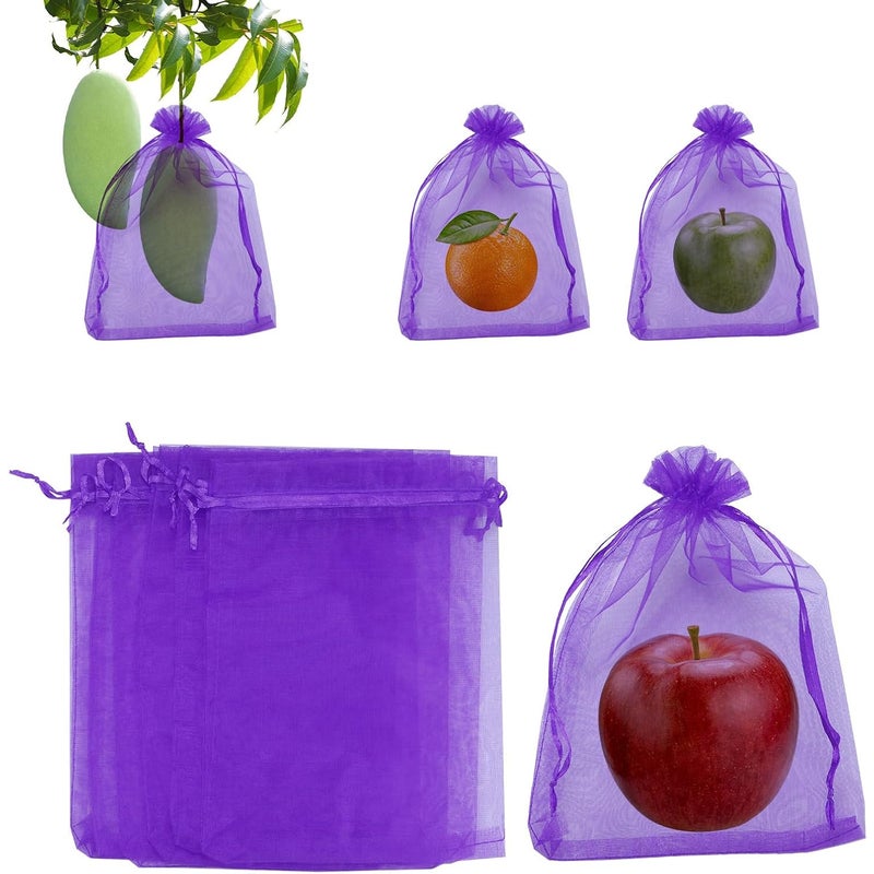 Zestaw 100 worków ochronnych na owoce – 15 x 20 cm, z siatki z sznurkiem ściągającym, na owoce i kwiaty (ciemnofioletowy)