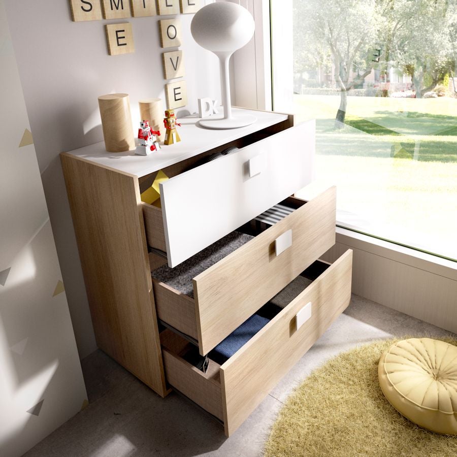 Cómoda Dina com 3 gavetas - Natural e Branco 81 A X 80 AN X 43 P - 3