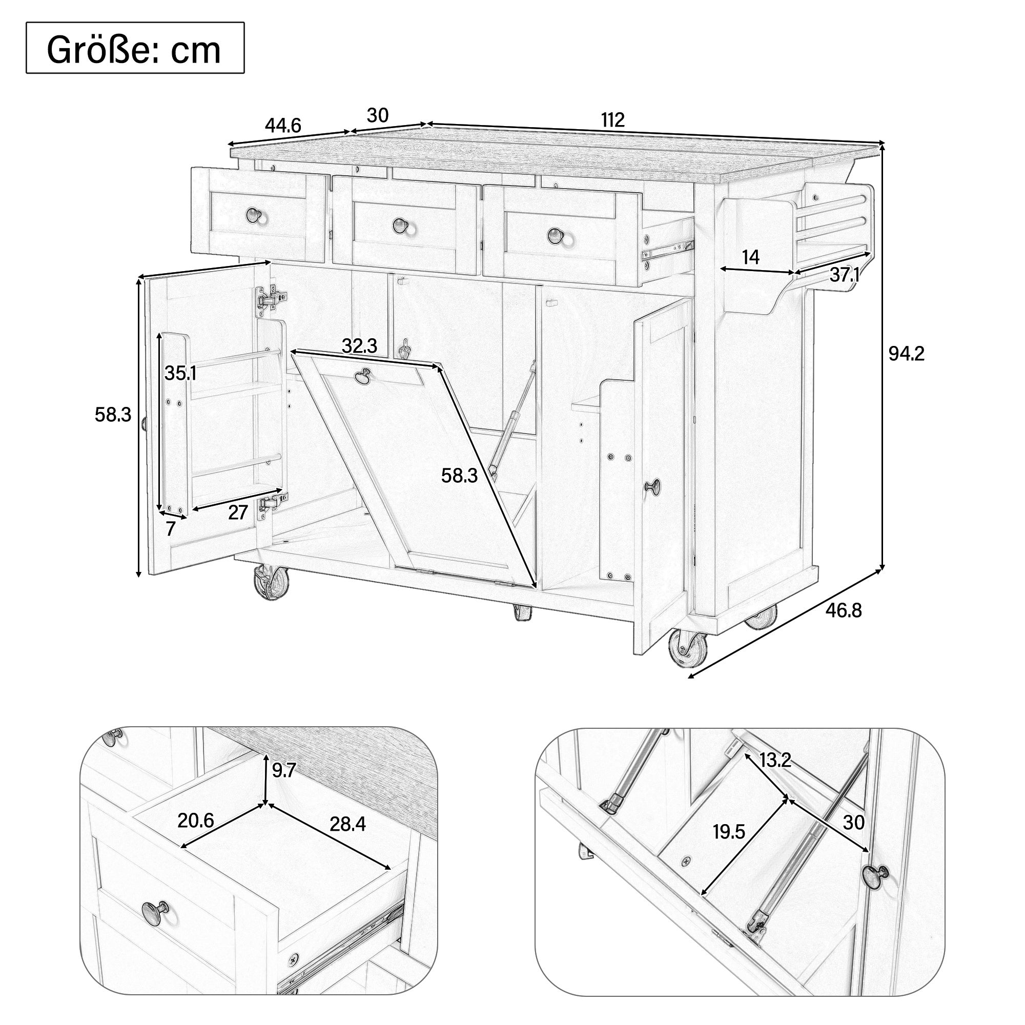 Ilot central de cuisine mobile 126x46.8x94.2cm - avec roulettes - 3 tiroirs et 3 portes - plateau extensible - avec porte-serviettes - blanc - 4