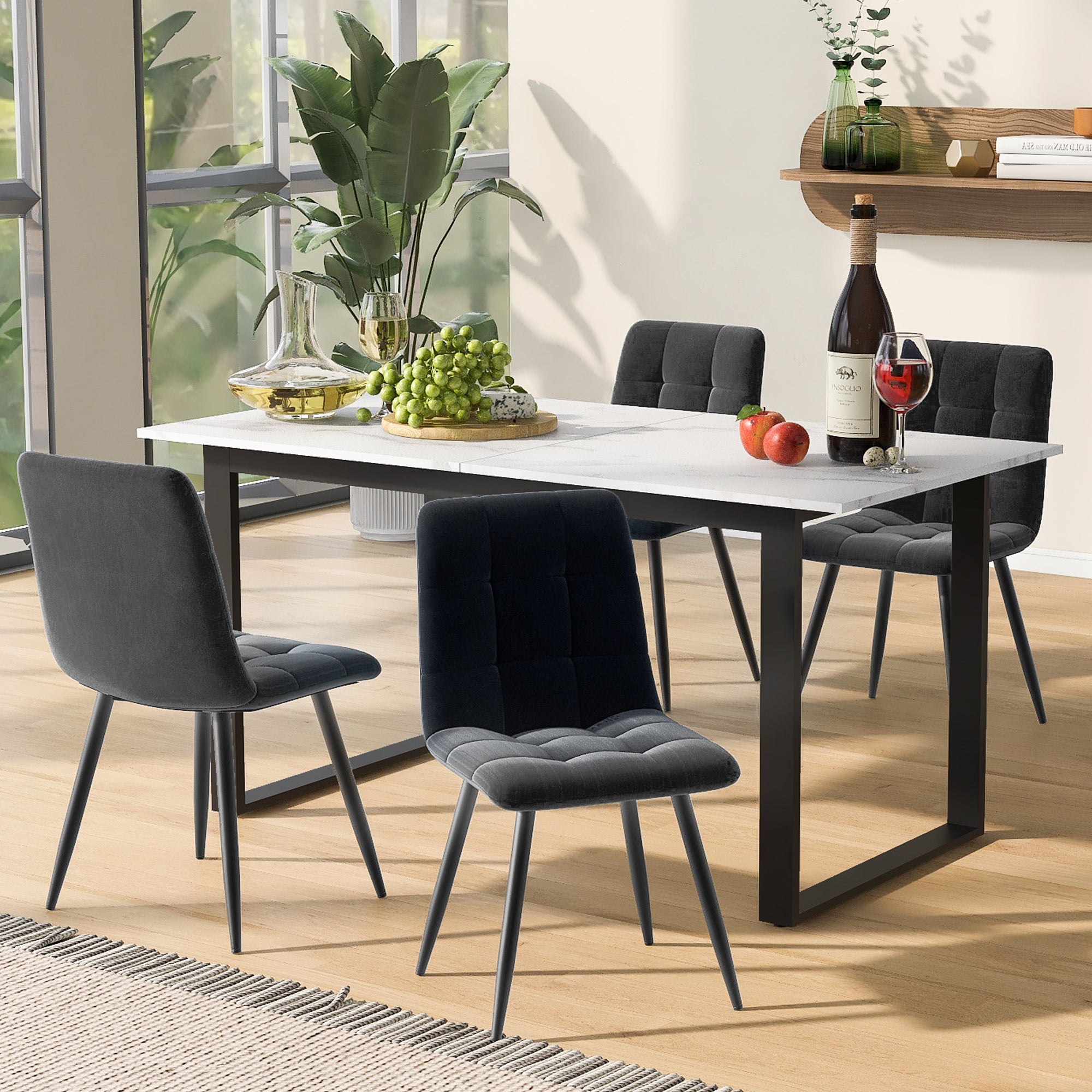 Zestaw stół jadalny Velvet i 4 krzesła - 140/180 x 80 x 75 cm - Nogi z płyty MDF i metalu - Blat z efektem marmuru - Biały + szary