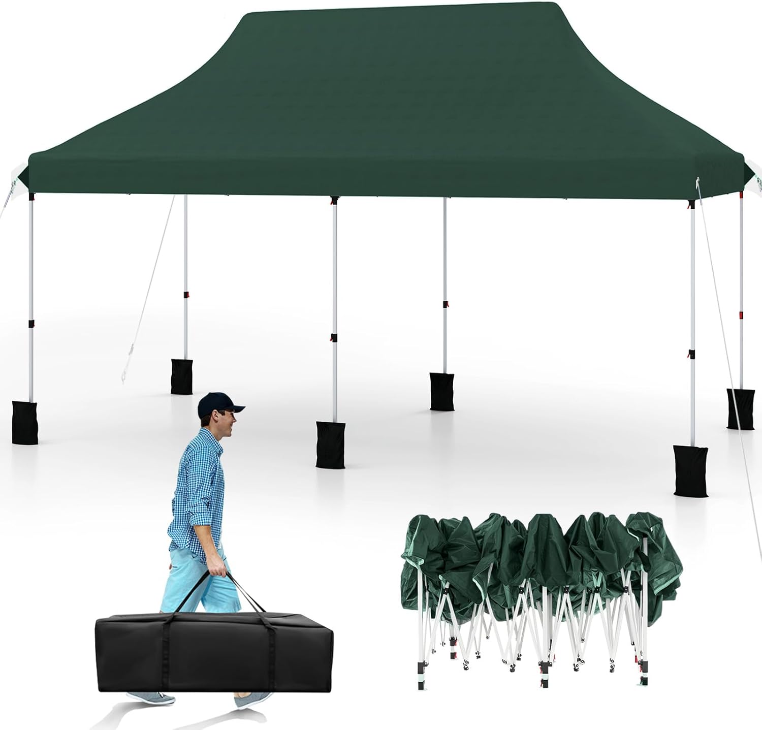 Altana Ogrodowa 3x6 m, Składana, z Regulowaną Wysokością, Torba Transportowa, 6 Worków z Piaskiem, Przenośny Pawilon na Wesela, Pikniki, Zielony