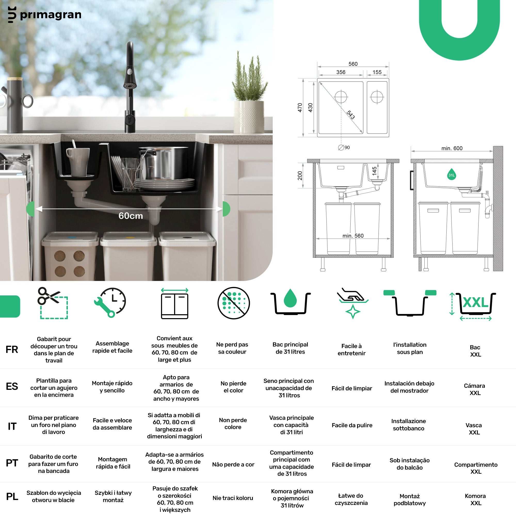 Lavandino sottotop Bianco 56x47cm, Lavello in Granito a 1,5 vasche + Sifone Classico + Accessori, Lavabo da Cucina al mobile 60cm PRIMAGRAN - 6