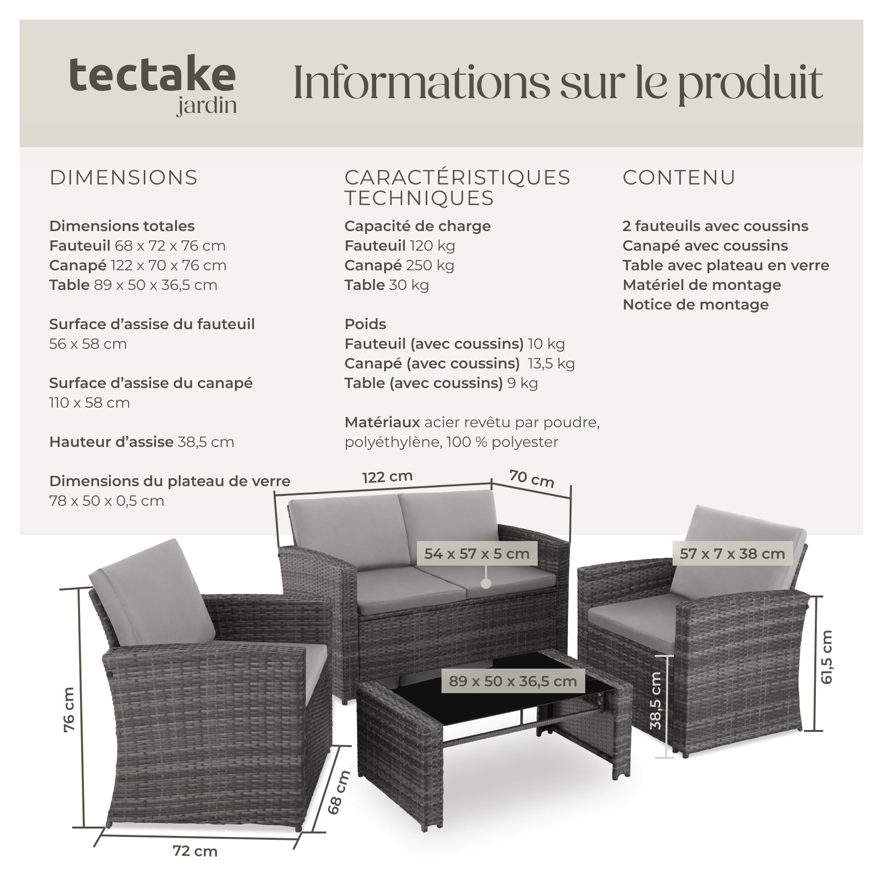TECTAKE Conjunto de rattan Para 4 pessoas - 6