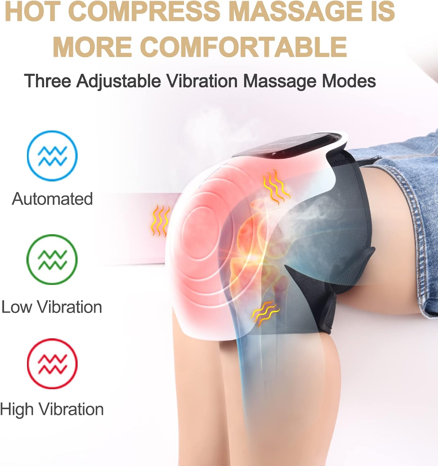 Masseur de genou chauffant et vibrant, grand écran LED, sans fil, rechargeable, soulage gonflement et raideur articulaire - 3