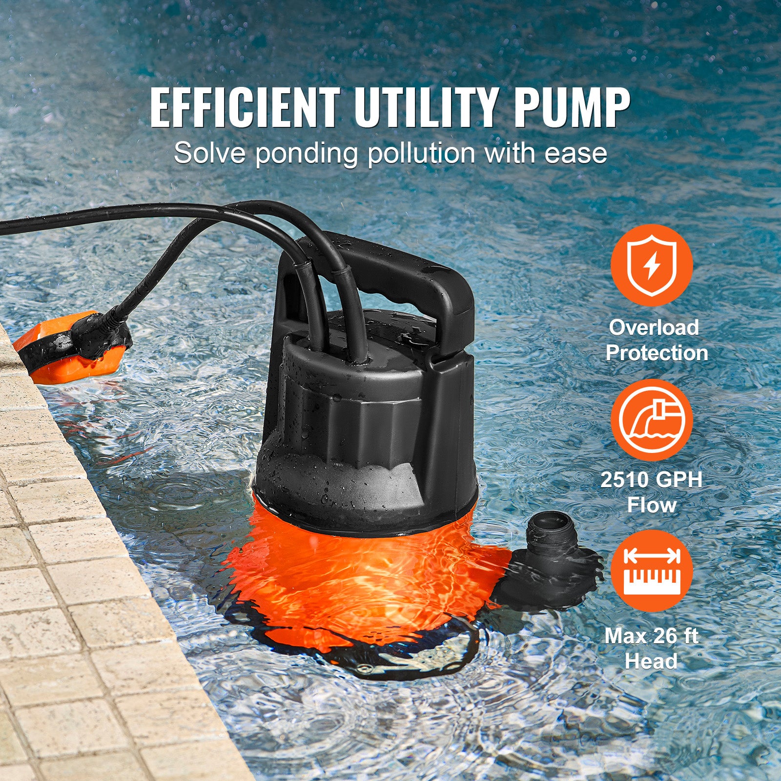 Pompe utilitaire submersible SucceBuy 400 W, 2510 GPH, pompe de puisard à haut débit avec tête de 26 ft et cordon de 10 ft - 4