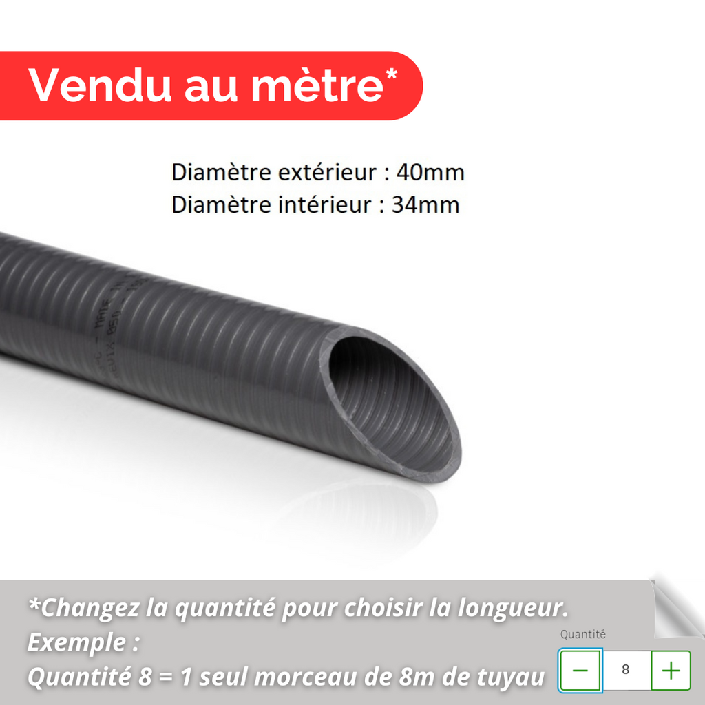 Vente au mètre Tuyau PVC Pression 40mm diamètre extérieur Gris Semi-rigide souple à coller 34mm diam int Piscine et bassins - 2