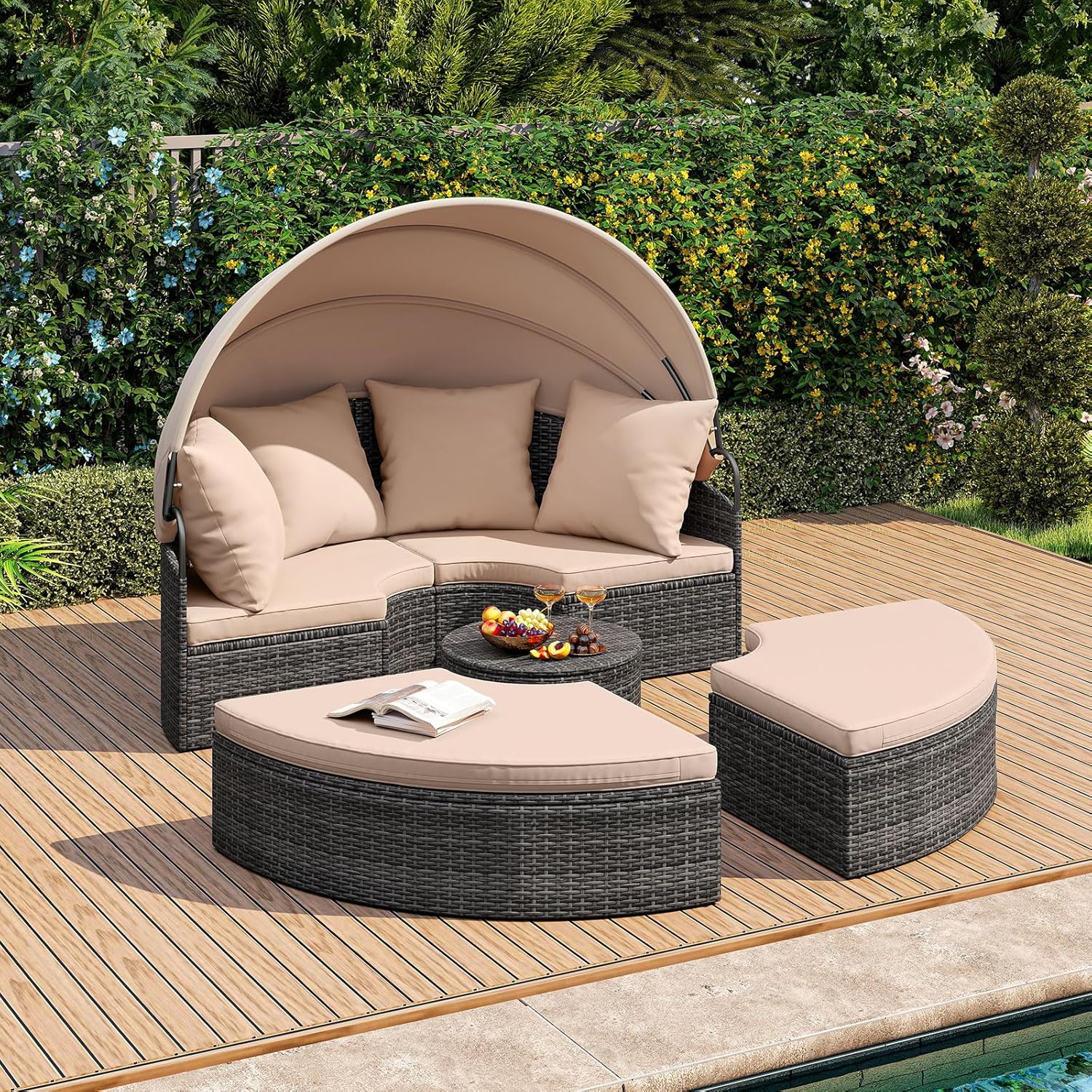 Lit Rond d'Extérieur avec Auvent Rétractable, Canapé d'Extérieur en Sections en Rotin PE avec Coussins, pour Jardin, Piscine, Beige - 9