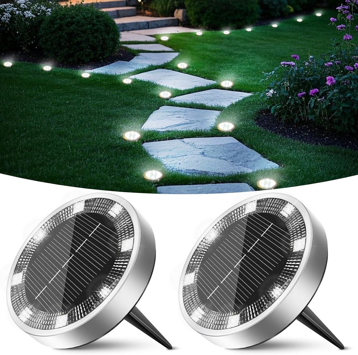 Spoturi solare de sol, 2 bucăți, Iluminat solar de grădină, Lampă de exterior, Pentru grădină, alei, alee, gazon, terasă, curte, piscină, Alb