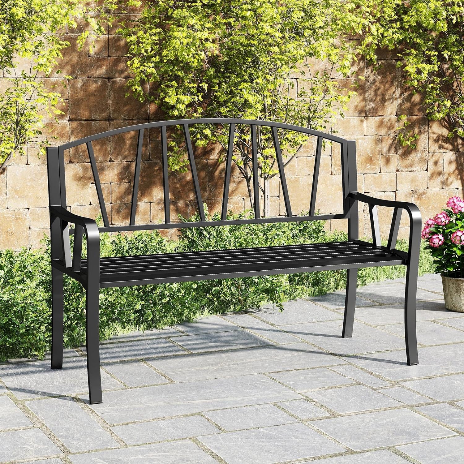 Banc de Jardin Extérieur 2-3 Places Charge 300KG avec Cadre en Métal Antirouille 129x53x93cm Noir - 7