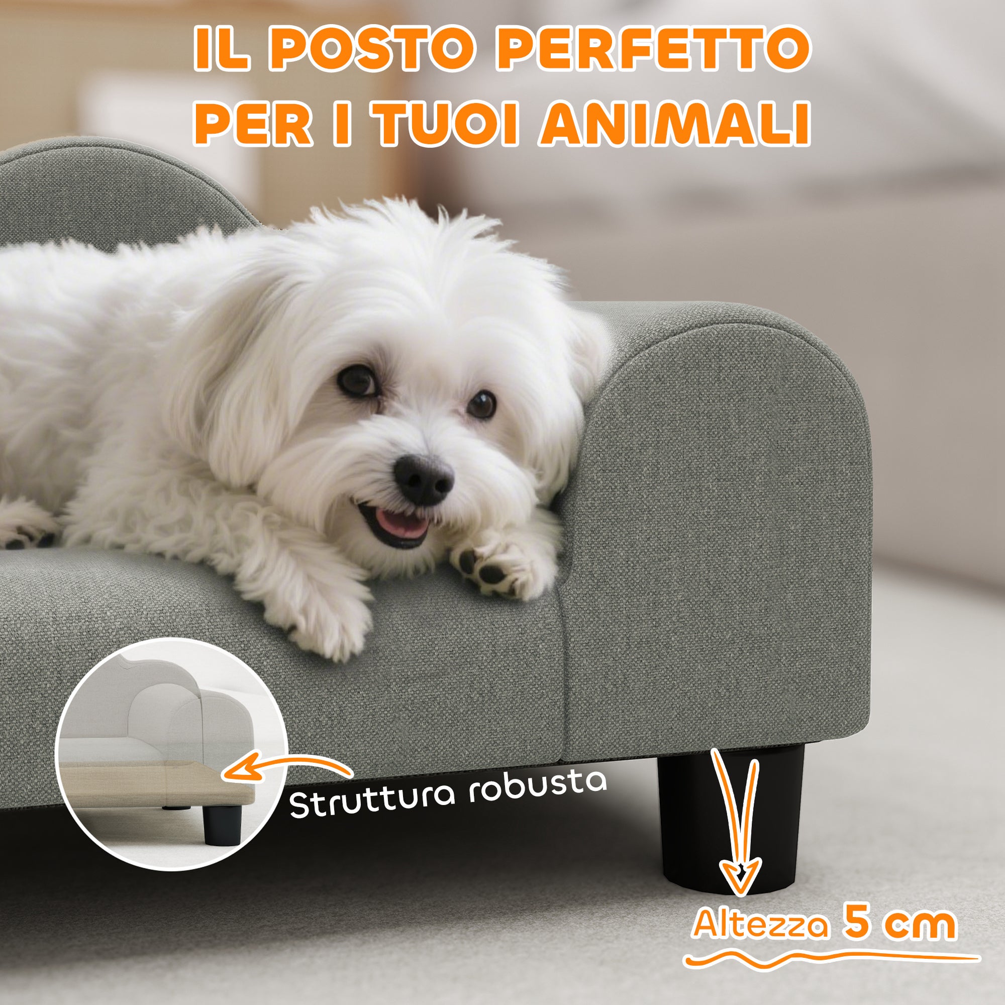 PawHut Divano per Cani con Braccioli di Supporto, in Legno e Tessuto French Terry, 66x42x28.5 cm, Grigio - 6