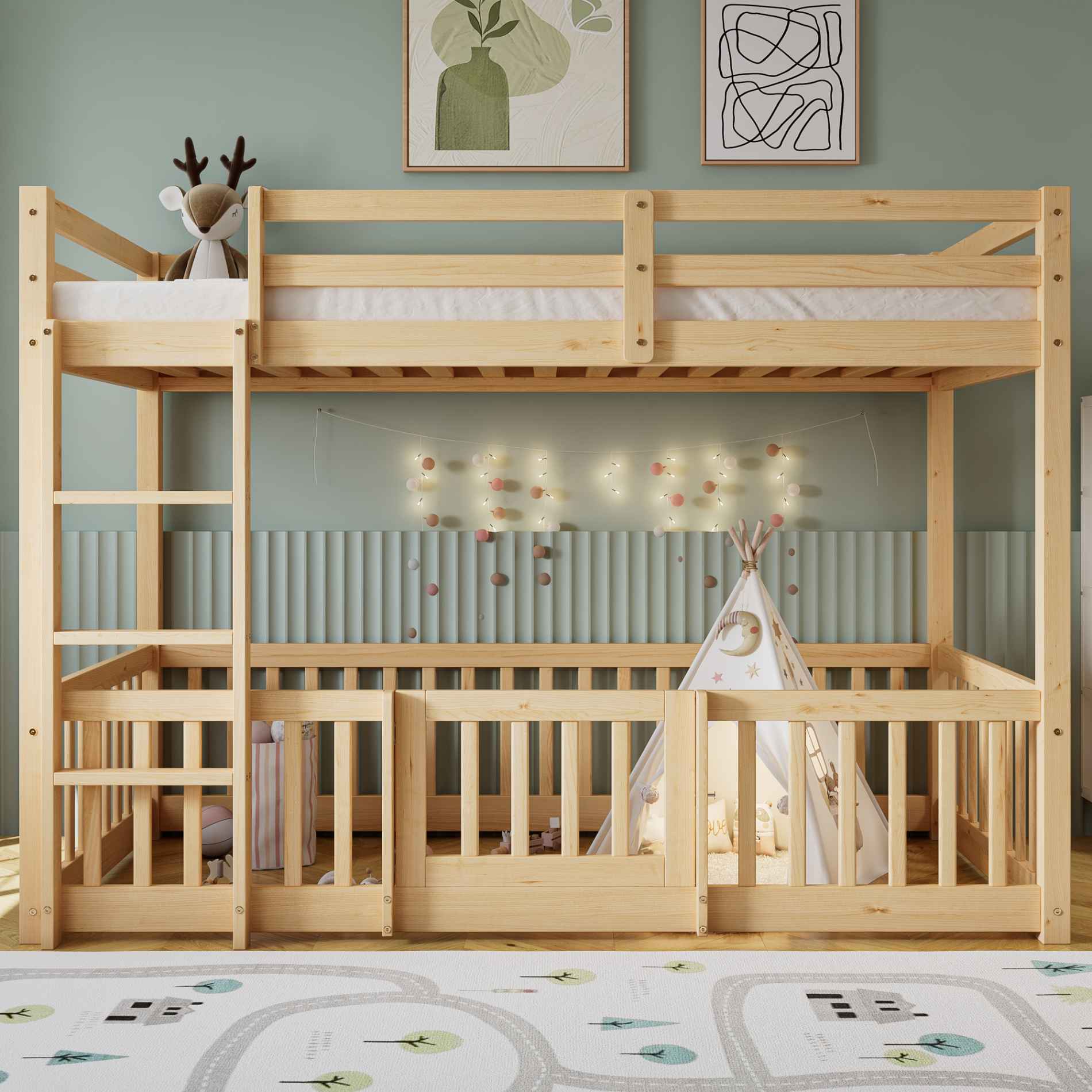 Lit superposé avec escalier droit, lit avec barrières et petite porte, lit bébé avec protection anti-chute et barreaux, bois massif, (200 x 90 cm) - 2
