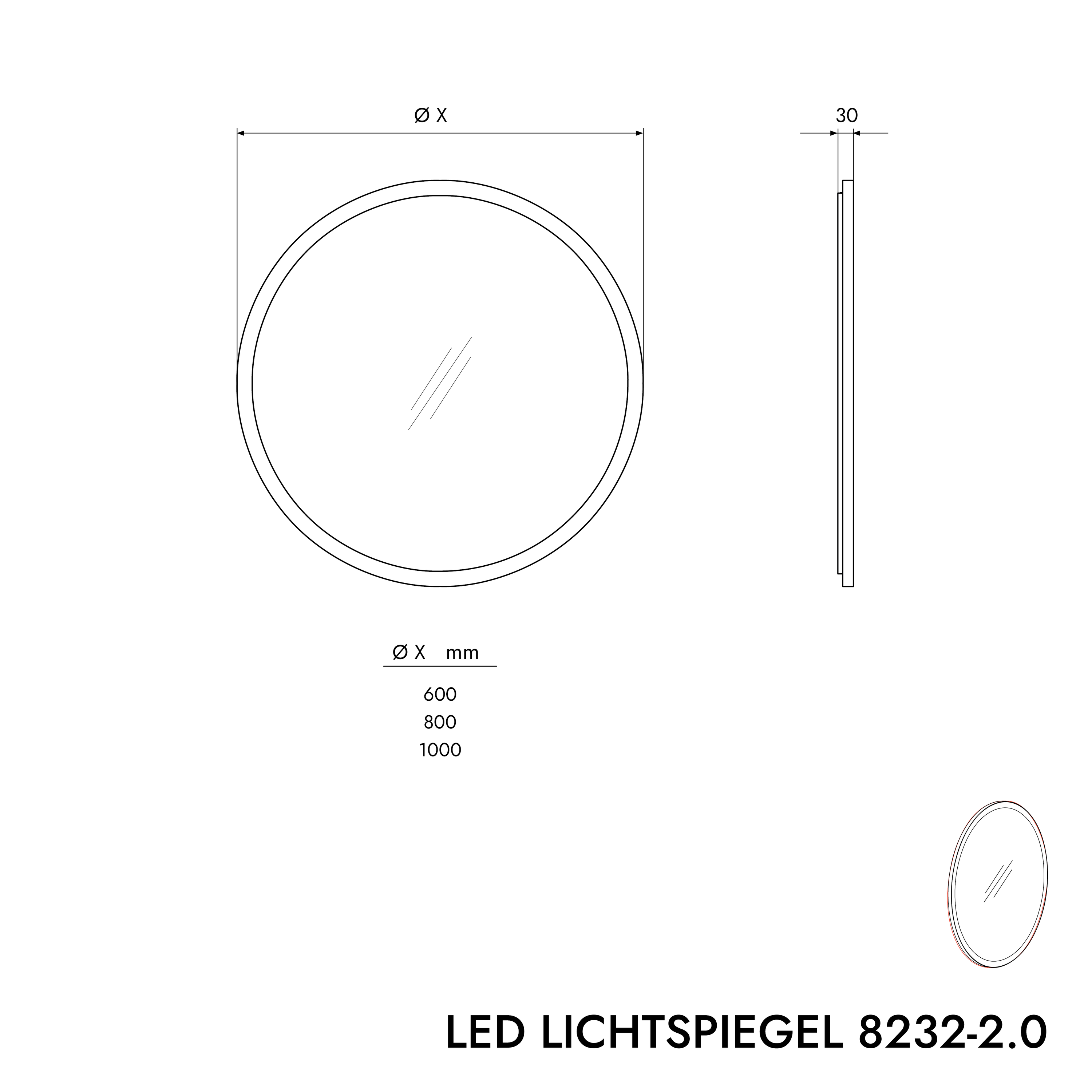 BERNSTEIN - Miroir rond design éclairages LED avec bouton tactile, réglage de lumière, anti-buée et horloge, salle de bain - 8232-2.0 - Ø 60cm - 6