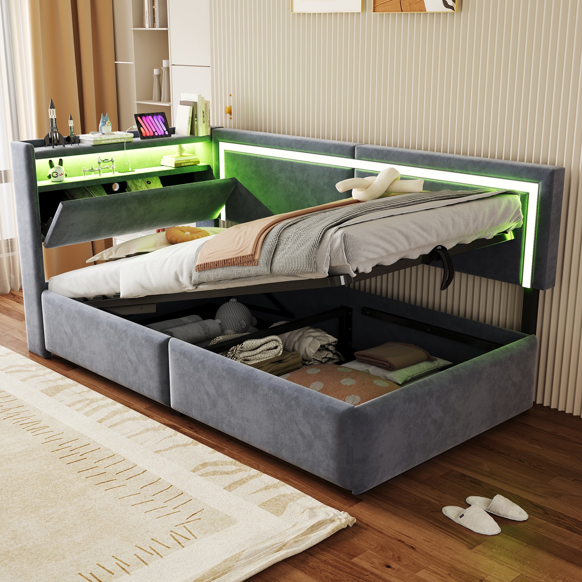 Łóżko kontynentalne 90 x 200 cm z zagłówkiem i schowkiem - Tkanina welurowa - Diody LED i porty USB - Ciemnoszary (materac nie jest wliczony w cenę)