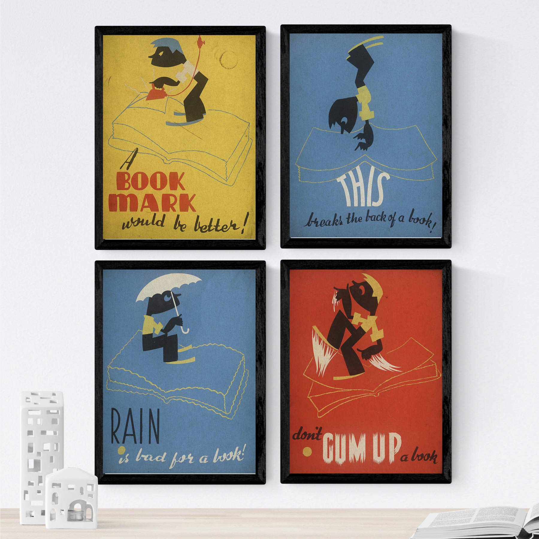 Posters vintage. posters con anuncios antiguos. cuatro carteles vintage de biblioteca y libros. sin marco - a4