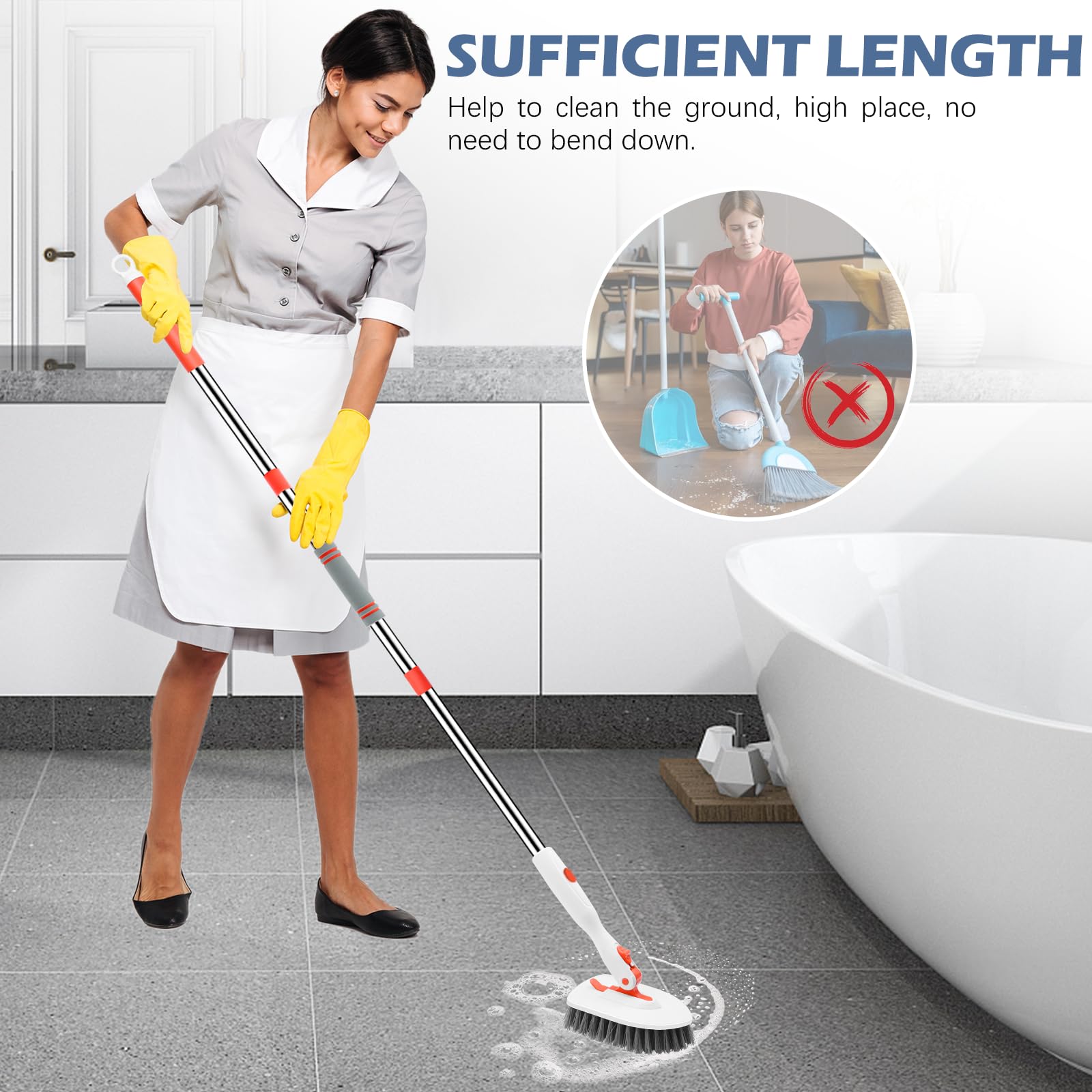 Brosse de terrasse, brosse de nettoyage pour baignoire, extensible de 60 à 133 cm, pour salle de bain, sols et baignoires. - 6
