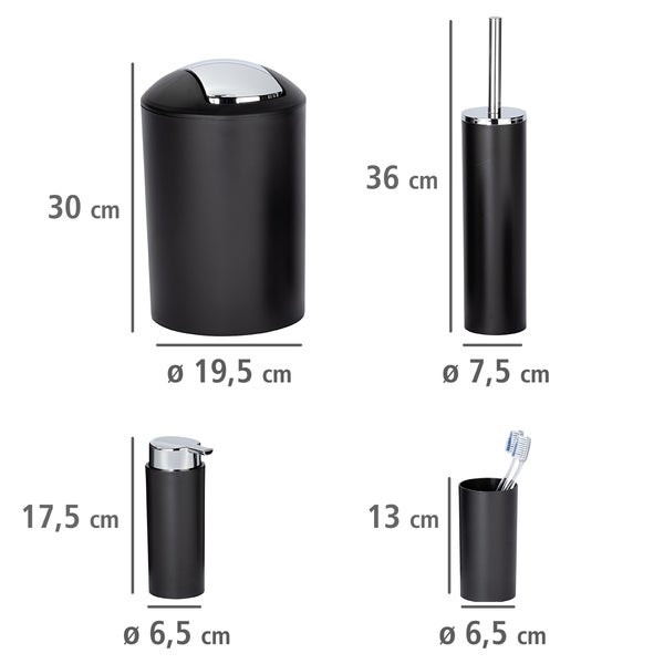 Lot de 4 accessoires Salle de bain WENKO Distributeur savon, gobelet brosse à  dent, brosse WC, Poubelle, Noir et chrome - 4