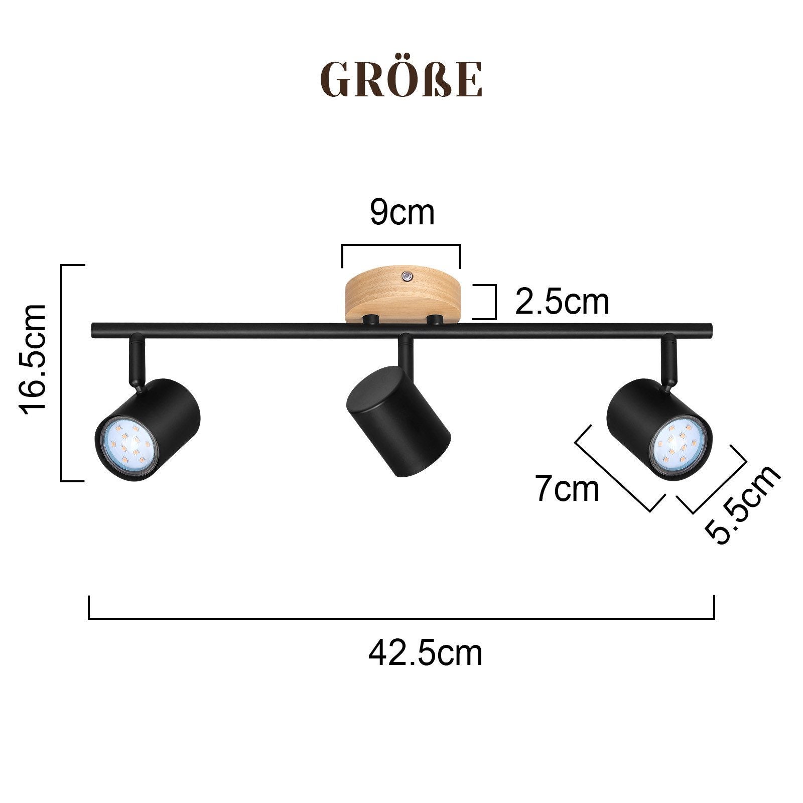 NETTLIFE Plafón LED de 3 llama - Plafón GU10 negro Foco giratorio Aplique de madera Foco de pared para salón dormitorio Sin bombilla - 5