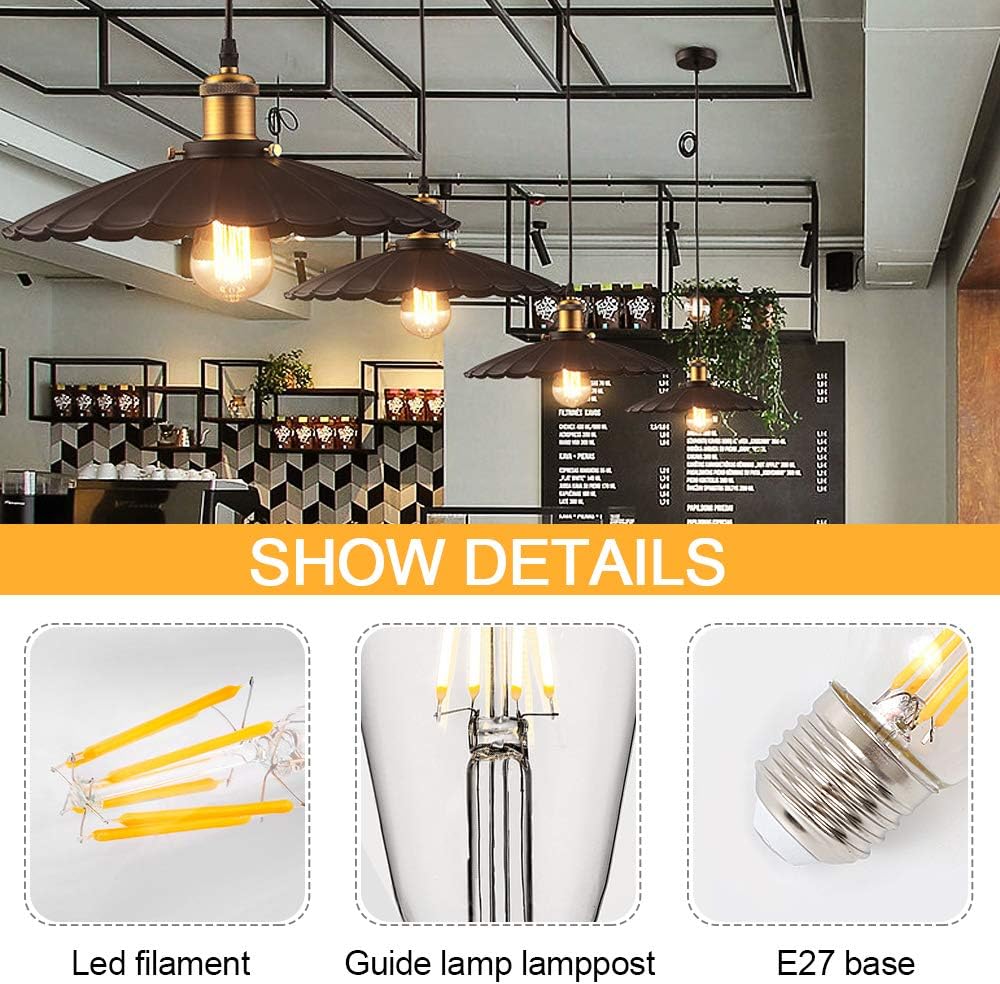 Ampoule E27 Vintage,6 Pièces Ampoule Edison LED E27 ST64 Lampe Décorative Rétro Edison Ampoule Vintage Antique Lampe 4W Filament Blanc Chaud - 3