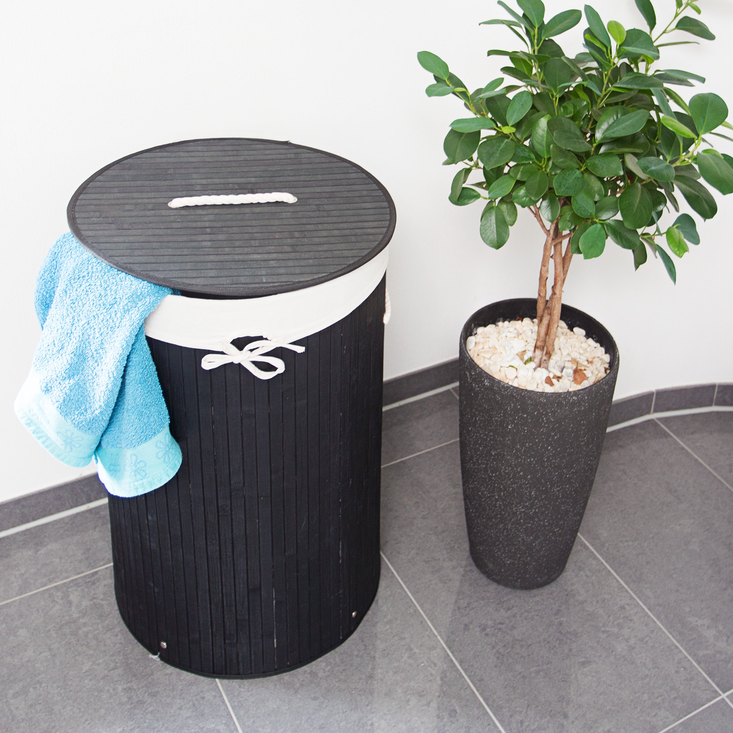 Panier à linge bambou, lot de 2, corbeille linge pliante, 80 L, sac intérieur coton, noir - blanc - 2