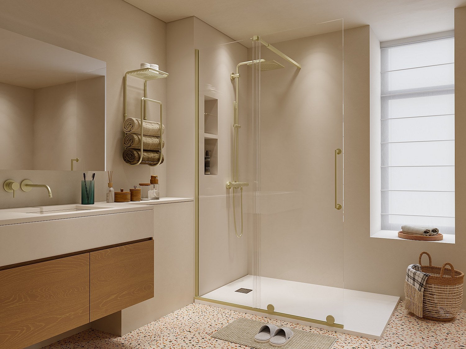 Ścianka prysznicowa do kabiny walk-in z drzwiami przesuwnymi metalowa w stylu industrialnym - Złoty - 120 x 200 cm - YOREM