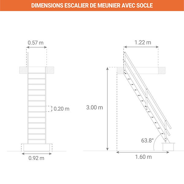 Escalier bois 13 marches - Hauteur à franchir 3.00m - Rampes à droite - Largeur 0,52m - COTTAGE-P-300-MCD - 2