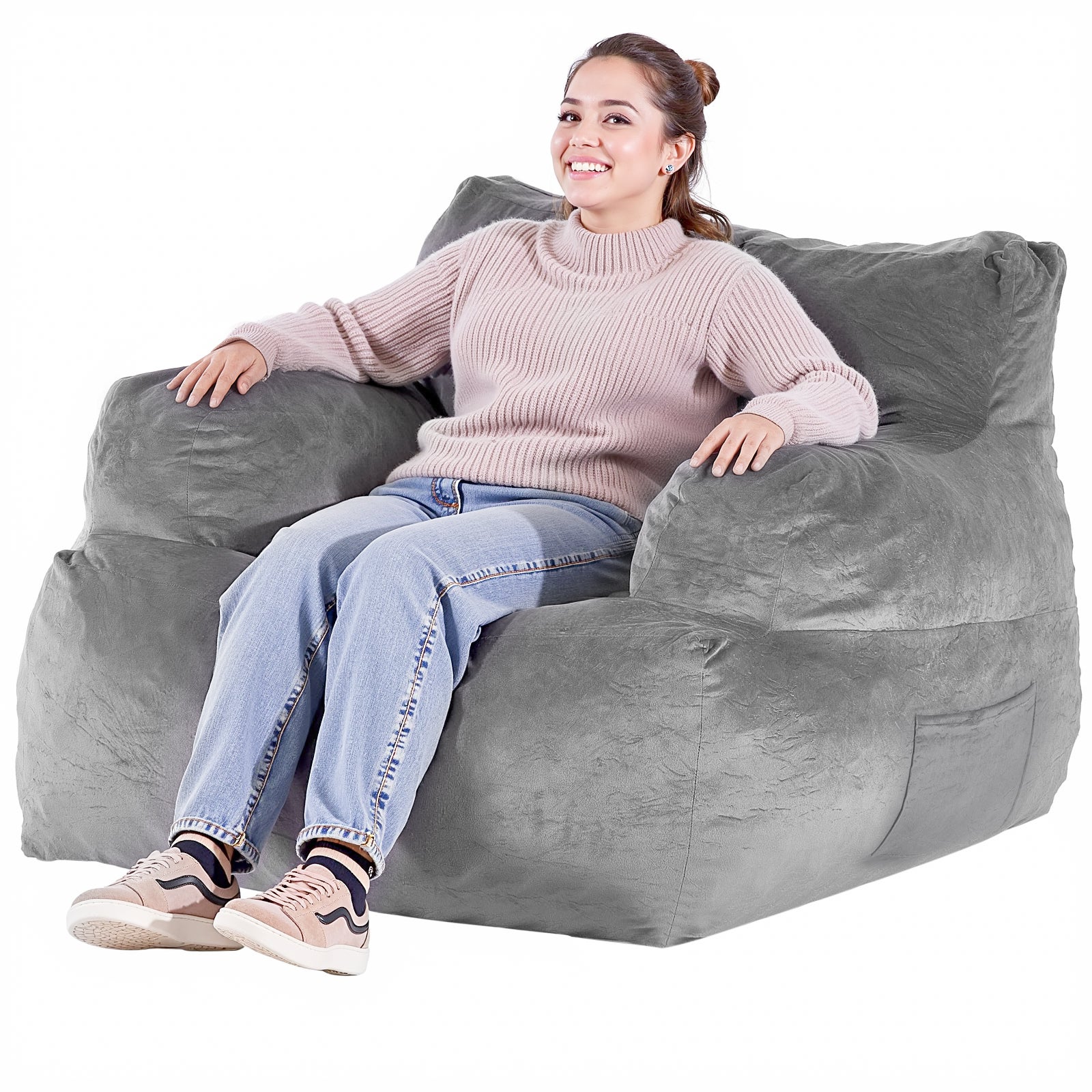 Pouf fauteuil adulte,SucceBuy accoudoirs,peluche moelleuse,mousse haute densité,Zapper,confortable pour salon,chambre,gris - 3