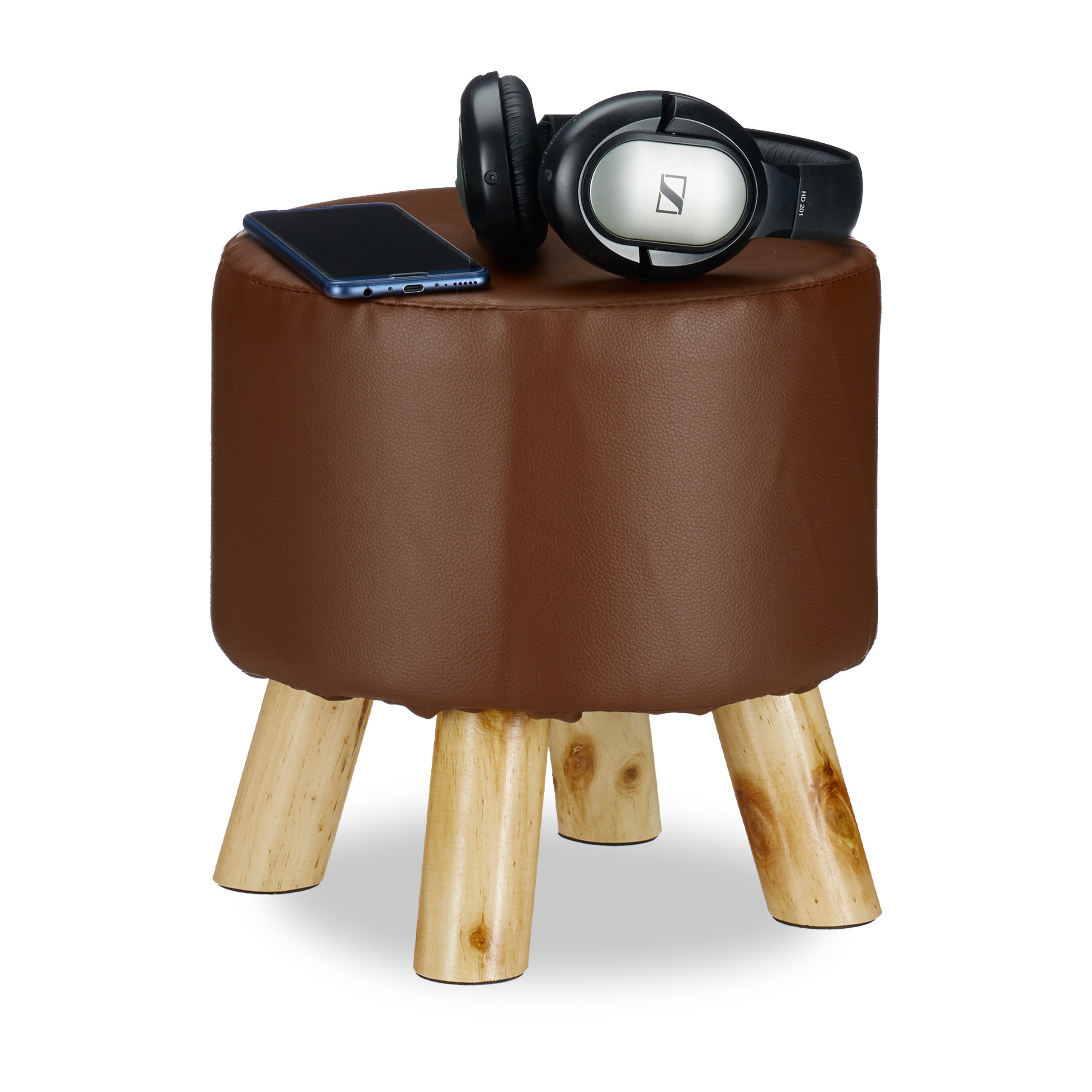 Relaxdays taburete bajo de cuero sintético con 4 patas, dm, madera de pino y poliéster, marrón, 30 x 31 cm