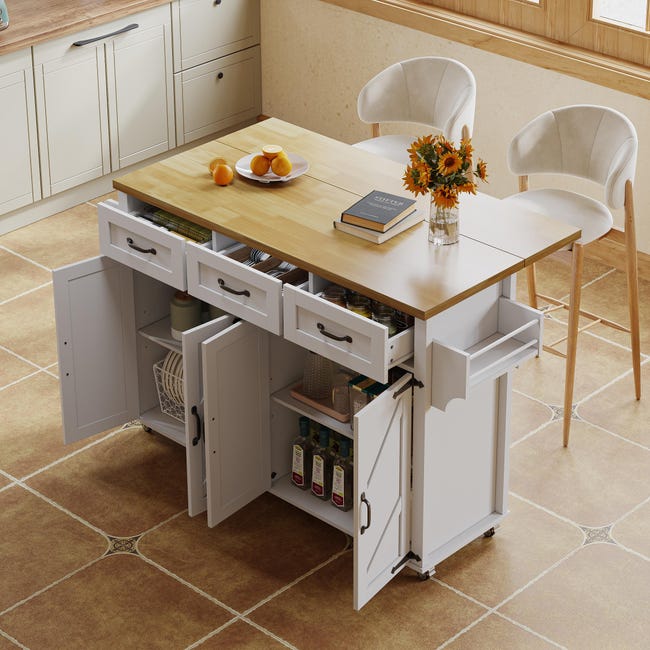 Isla De Cocina Con Encimera Abatible - 140x70x90,5 Cm, 5 Ruedas, Puertas, Cajones, Blanco, Estilo Granero