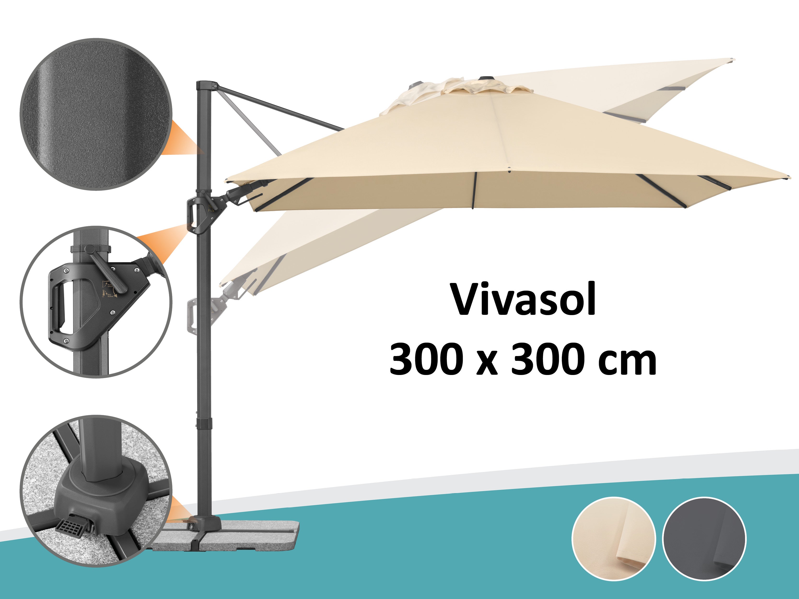 Parasol déporté Schneider Vivasol naturel, 300 x 300 cm – rotatif 360°, inclinable, avec housse et support pour dalles - 5