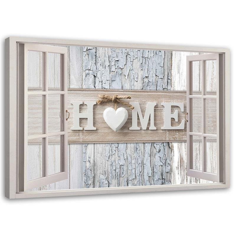 Obraz na płótnie, Okno Napis Home Serce shabby chic 100x70