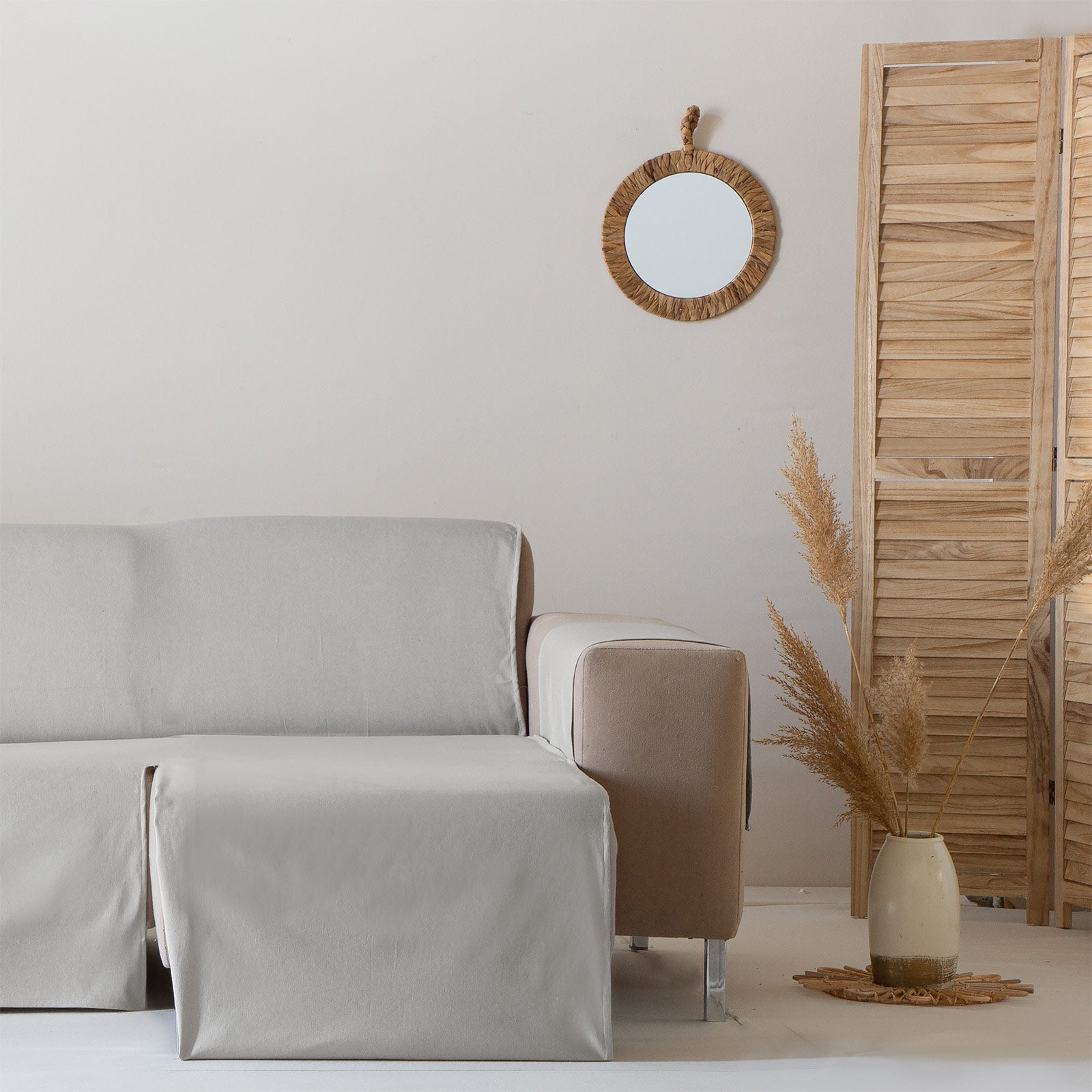 Funda sofá chaise longue 200cm brazo derecho liso algodón combinado tacto extra suave, color gris claro