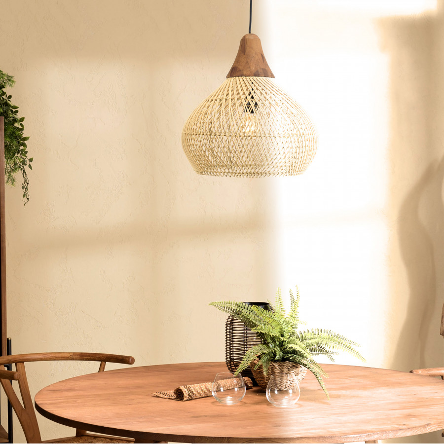 ALIDA Suspension 'cloche' 40x40cm rotin couleur naturelle et teck