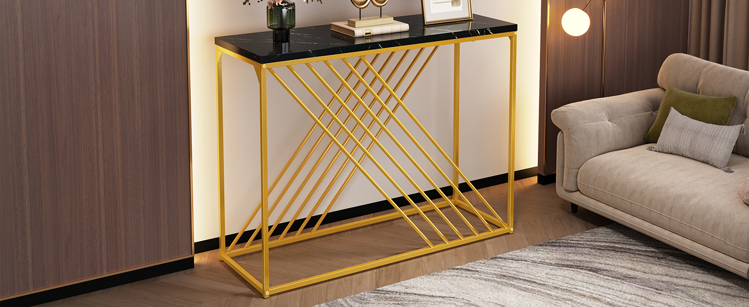 Table console moderne - 100 x 35 x 77 cm - MDF et pieds en métal dorés - pour salon, couloir - Plateau en effet marebre - Noir - 8