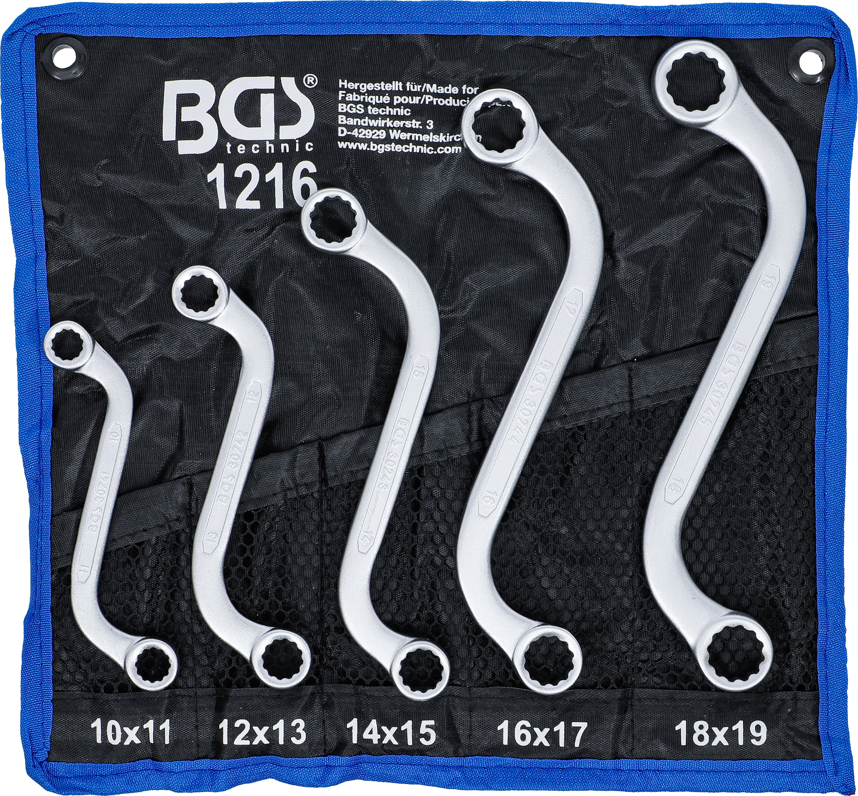 BGS Zestaw podwójnych kluczy pierścieniowych S-kształt SW 10 x 11 - 18 x 19 mm 5-częściowy - 1216