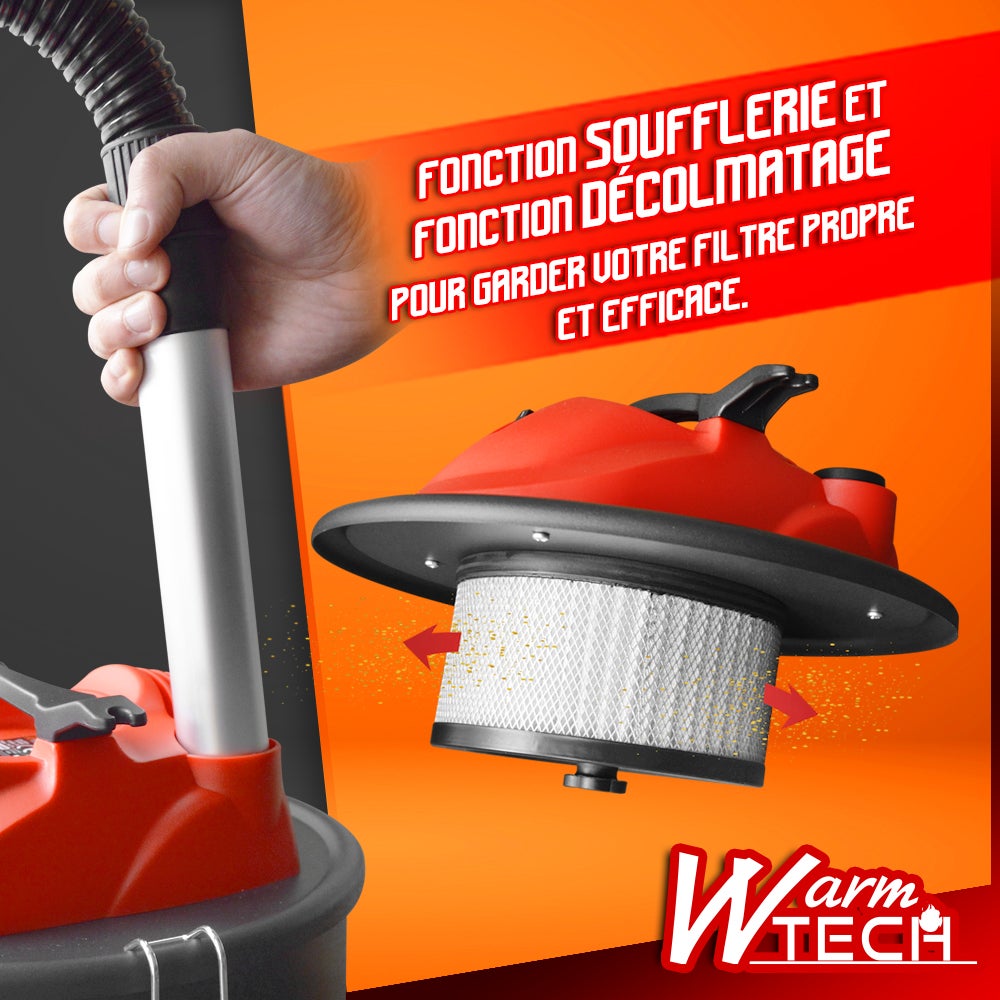 Vide cendres 1200W 20L avec soufflerie, fonction décolmatage et roues - Warm Tech - 3