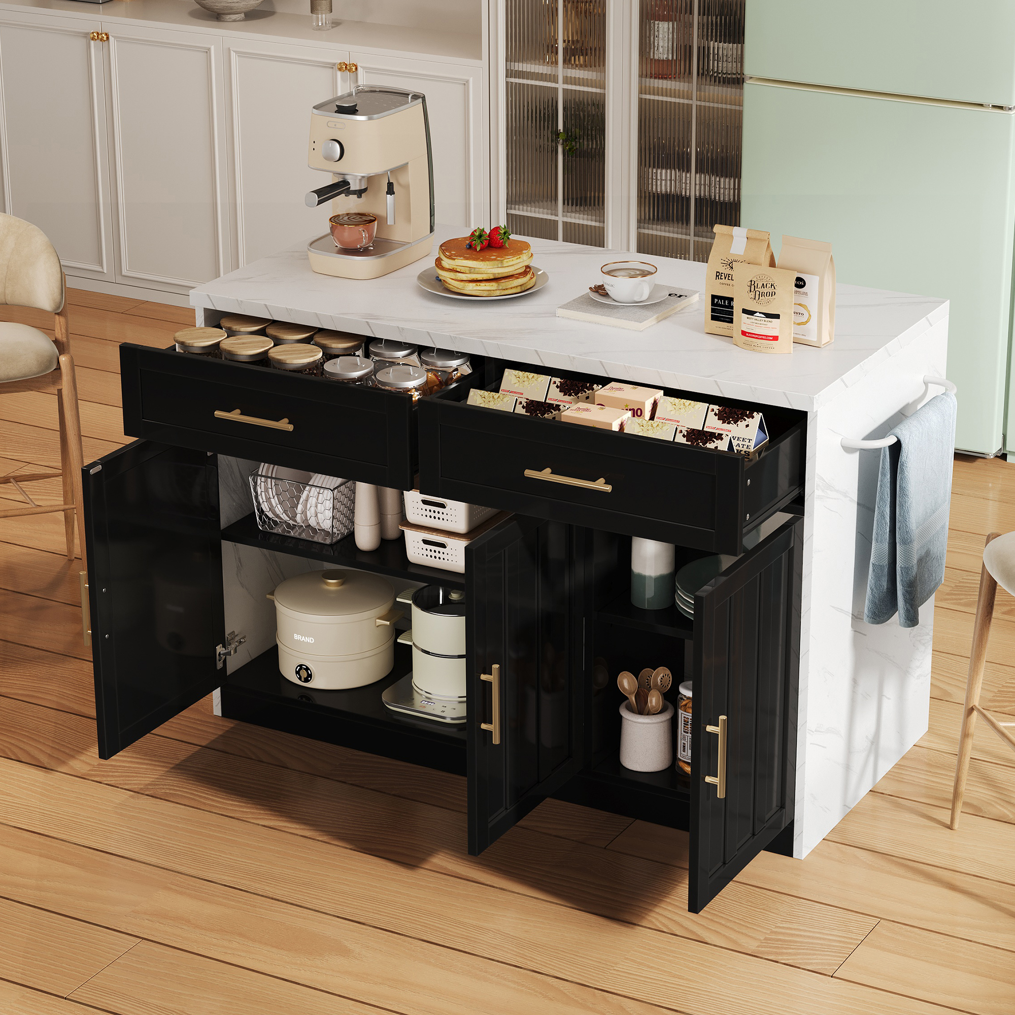 Wyspa kuchenna z 3 drzwiami, 2 szufladami i wieszakiem na ręczniki - 120 x 60 x 91 cm - MDF - Gniazdka do ładowania i regulowane półki - Czarna