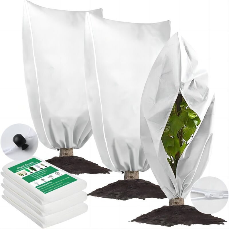 Pachet de 3 huse reutilizabile anti-îngheț pentru plante de exterior – cu șnur și fermoar, pentru copaci (0,5 m x 1 m, alb). 3buc