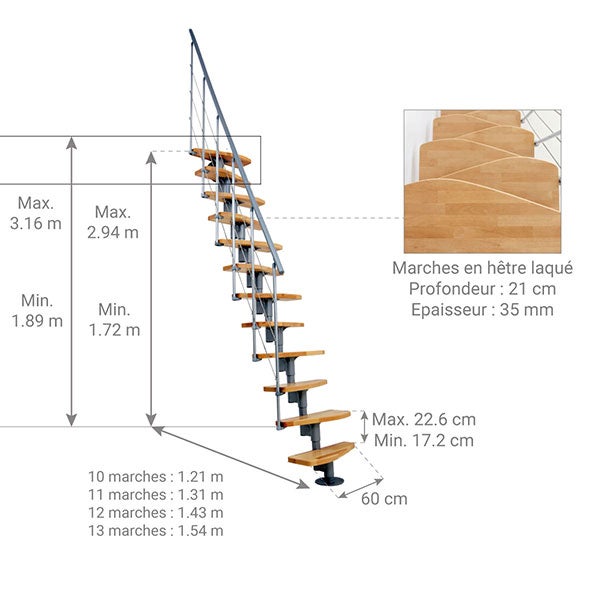 Escalier droit 12 marches - Hauteur à franchir 2.23 à 2.94m - Largeur 65cm - Structure grise et marche hêtre - NIZZA60/I/GH-12 - 2