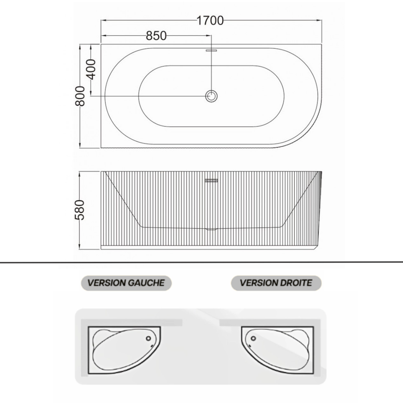 Baignoire d’angle gauche avec bonde et vidage – 170 x 75 cm – Blanc brillant rainuré – PERLE - 9