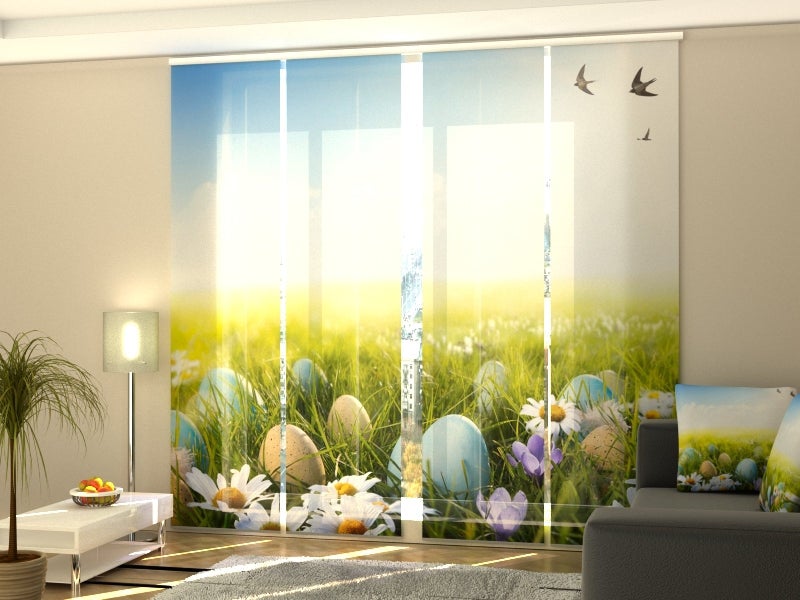 Cortinas de paneles deslizantes: juego de 4 paneles 60x245 cm + kit de montaje en techo (rieles y carros) - tejido filtrante.