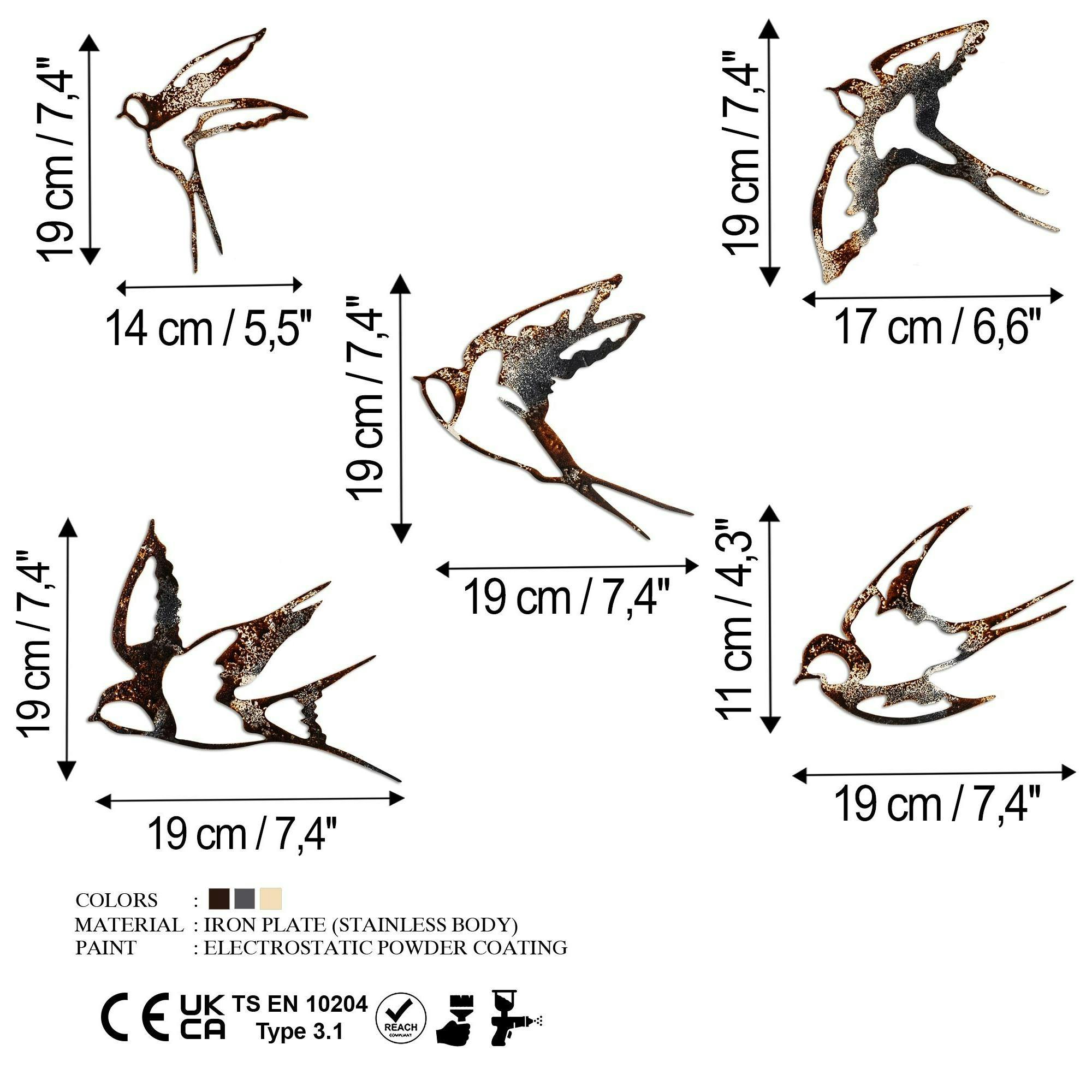 Décoration murale oiseaux en métal mordoré (lot de 5) - 7