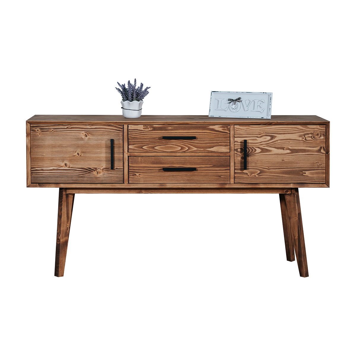 Table Console Rétro Avec 2 Tiroirs Et 2 étagères - Rangement Salon/entrée - Finition Bois Naturel Et Blanc