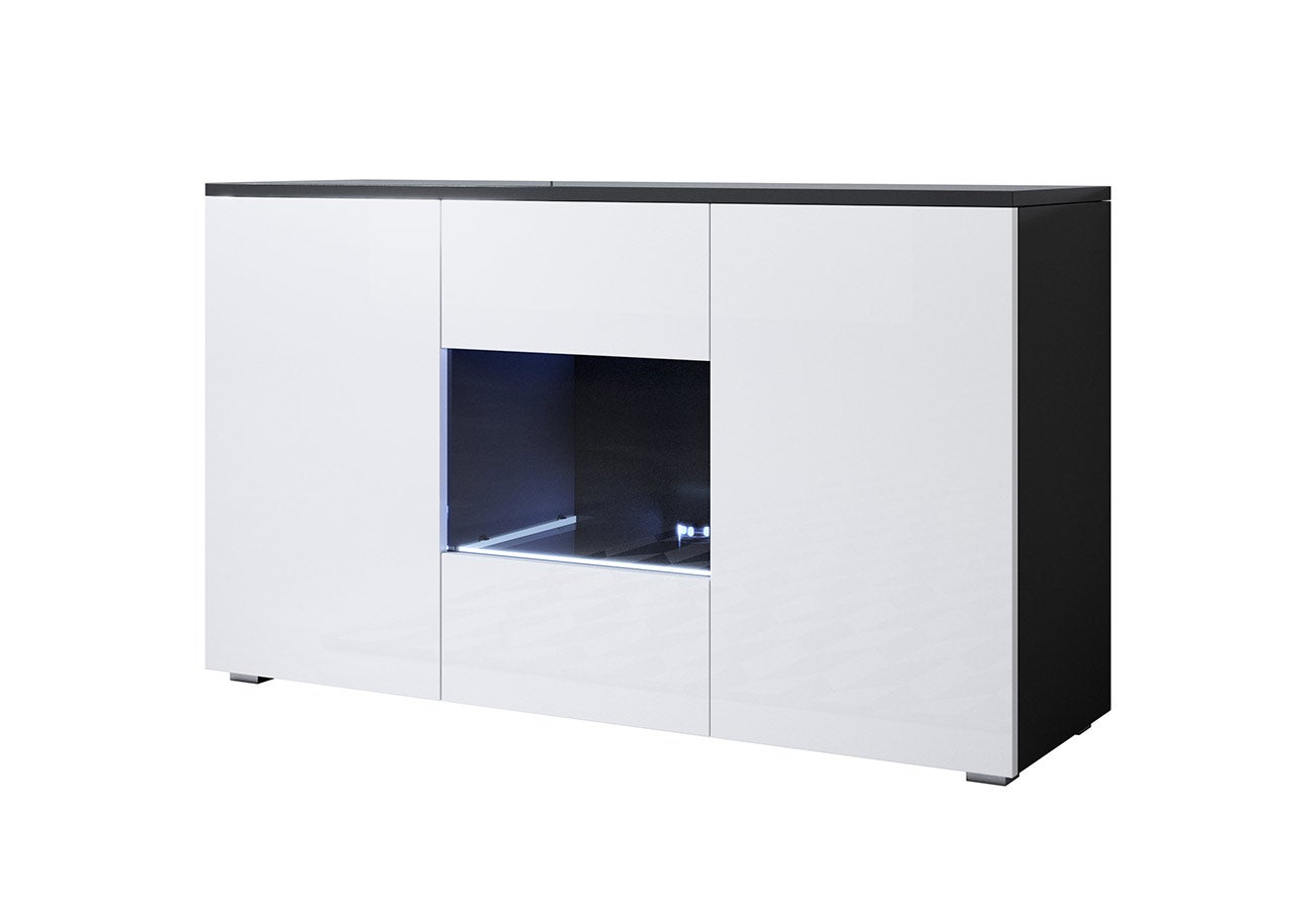 Aparador de salon con LED con patas 2cm 2 puertas 1 vitrina | Mueble de salon | 120x72x40cm | Modelo Luke A2 | Negro con Blanco brillo - 5